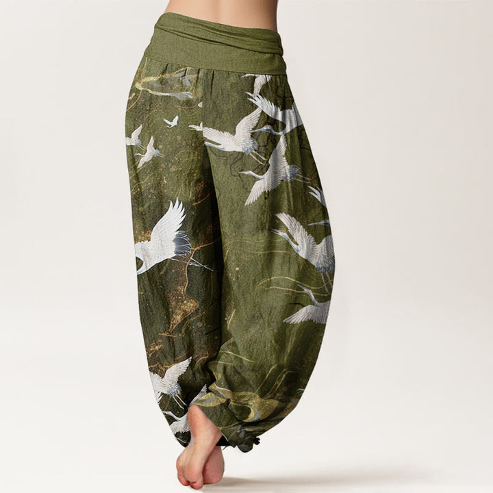 Pantaloni harem da donna in cotone con elastico in vita, motivo: Buddha Stones, gru bianche volanti, nuvole di buon auspicio - image 10