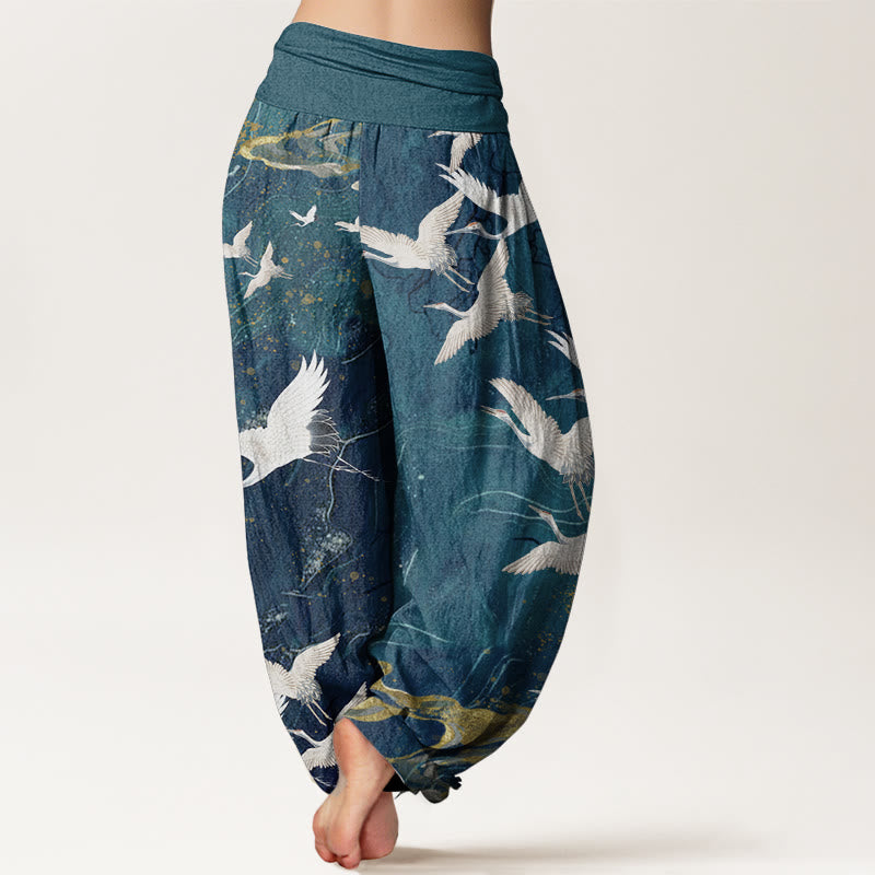 Pantaloni harem da donna in cotone con elastico in vita, motivo: Buddha Stones, gru bianche volanti, nuvole di buon auspicio - image 7