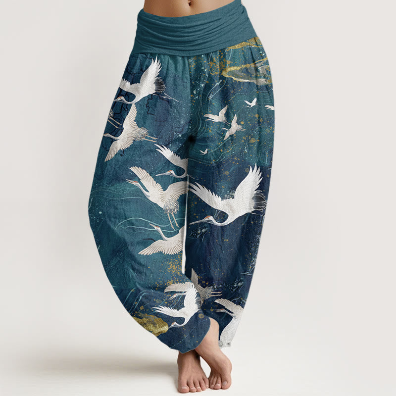 Pantaloni harem da donna in cotone con elastico in vita, motivo: Buddha Stones, gru bianche volanti, nuvole di buon auspicio - Ciano scuro - US22, UK/AU26, EU54 (6XL) - image 6
