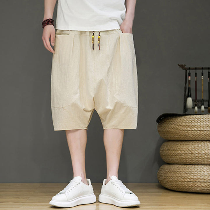 Pantaloni harem da uomo in cotone e lino con coulisse, stile capri, con tasche, Buddha Stones - image 2