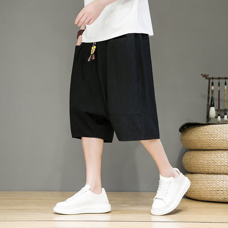 Pantaloni harem da uomo in cotone e lino con coulisse, stile capri, con tasche, Buddha Stones - Nero - US/UK/AU46, EU56 (5XL) - image 12