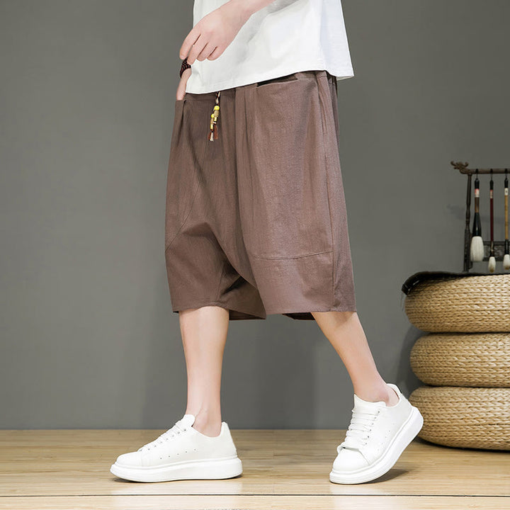 Pantaloni harem da uomo in cotone e lino con coulisse, stile capri, con tasche, Buddha Stones - Tan - US/UK/AU46, EU56 (5XL) - image 28
