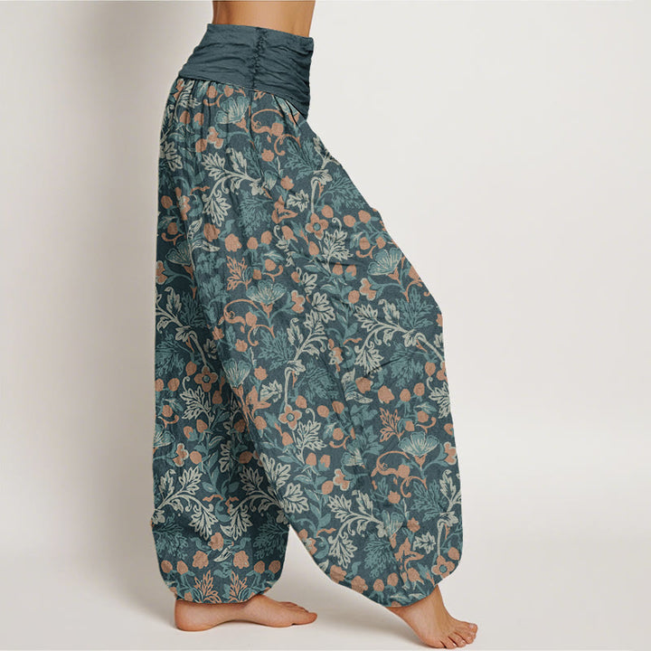 Pantaloni harem da donna con elastico in vita, in cotone, casual, motivo floreale e foglie di vite, motivo Buddha Stones - image 1