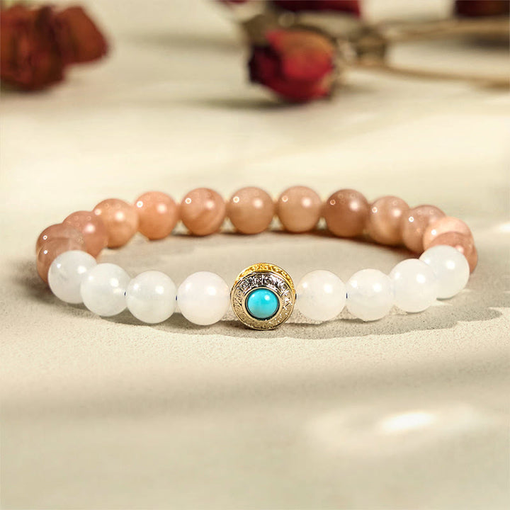 Braccialetto rilassante Buddha Stones in pietra di luna naturale color pesca e acquamarina