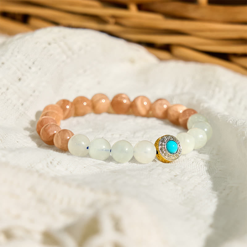 Braccialetto rilassante Buddha Stones in pietra di luna naturale color pesca e acquamarina