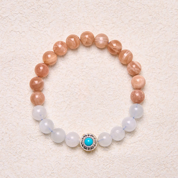 Braccialetto rilassante Buddha Stones in pietra di luna naturale color pesca e acquamarina