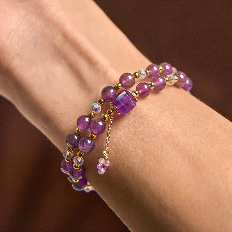 Bracciale a doppio giro per meditazione e guarigione con perline quadrate di ametista naturale Buddha Stones