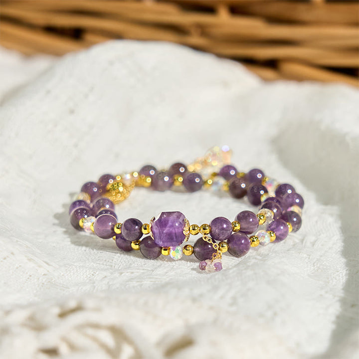 Bracciale a doppio giro per meditazione e guarigione con perline quadrate di ametista naturale Buddha Stones
