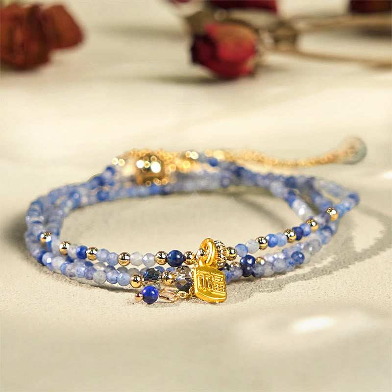 Braccialetto positivo con carattere Fu a triplo giro, perline ultrasottili da 3 mm, lazurite naturale e lapislazzuli, Buddha Stones - image 1