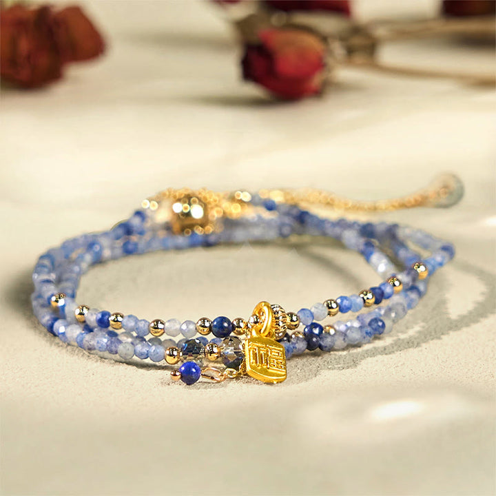Braccialetto positivo con carattere Fu a triplo giro, perline ultrasottili da 3 mm, lazurite naturale e lapislazzuli, Buddha Stones - image 1