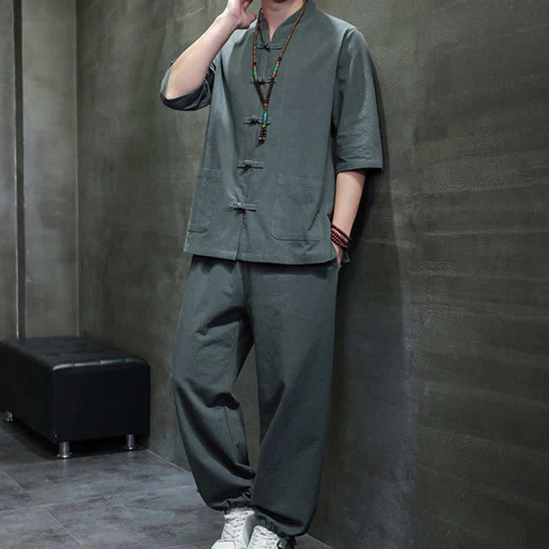 Set di 2 pezzi di tuta da uomo in cotone e lino con bottoni a rana, camicia e pantaloni con tasche, per meditazione, Buddha Stones - image 1