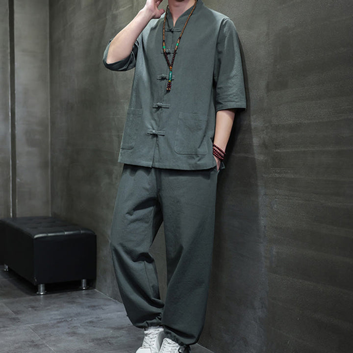 Set di 2 pezzi di tuta da uomo in cotone e lino con bottoni a rana, camicia e pantaloni con tasche, per meditazione, Buddha Stones - image 1