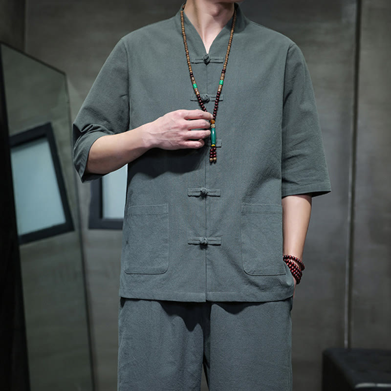 Set di 2 pezzi di tuta da uomo in cotone e lino con bottoni a rana, camicia e pantaloni con tasche, per meditazione, Buddha Stones - image 7