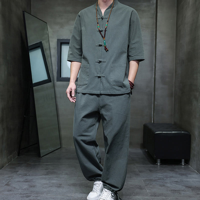 Set di 2 pezzi di tuta da uomo in cotone e lino con bottoni a rana, camicia e pantaloni con tasche, per meditazione, Buddha Stones - image 4