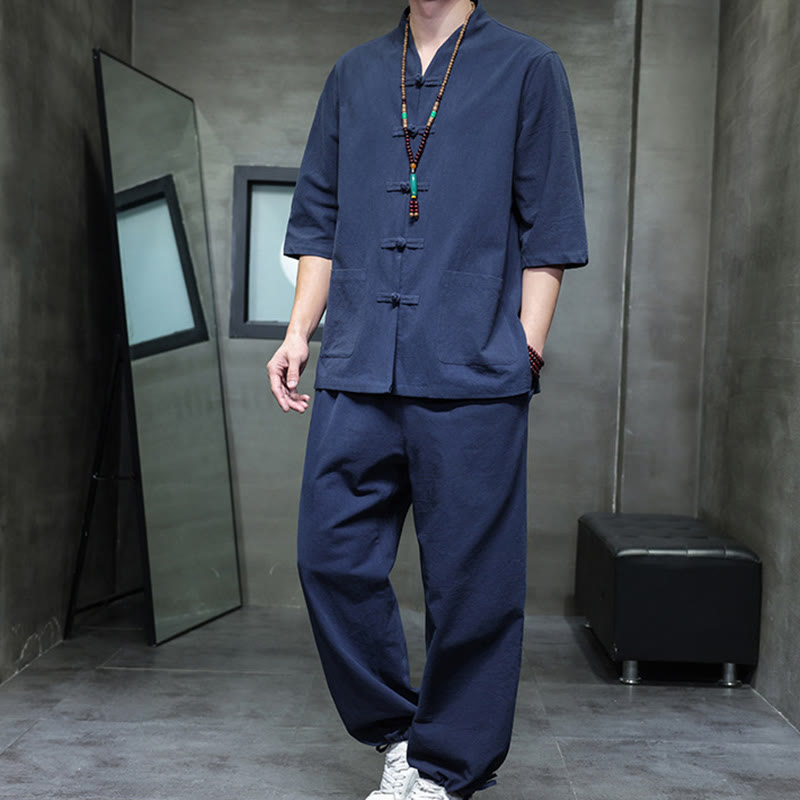 Set di 2 pezzi di tuta da uomo in cotone e lino con bottoni a rana, camicia e pantaloni con tasche, per meditazione, Buddha Stones - SteelBlue - US/UK/AU46, EU56 (5XL) - image 13