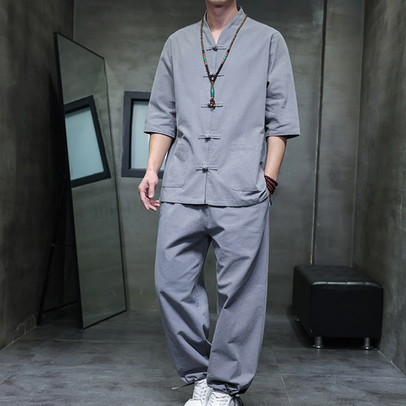 Set di 2 pezzi di tuta da uomo in cotone e lino con bottoni a rana, camicia e pantaloni con tasche, per meditazione, Buddha Stones - Grigio - US/UK/AU46, EU56 (5XL) - image 29
