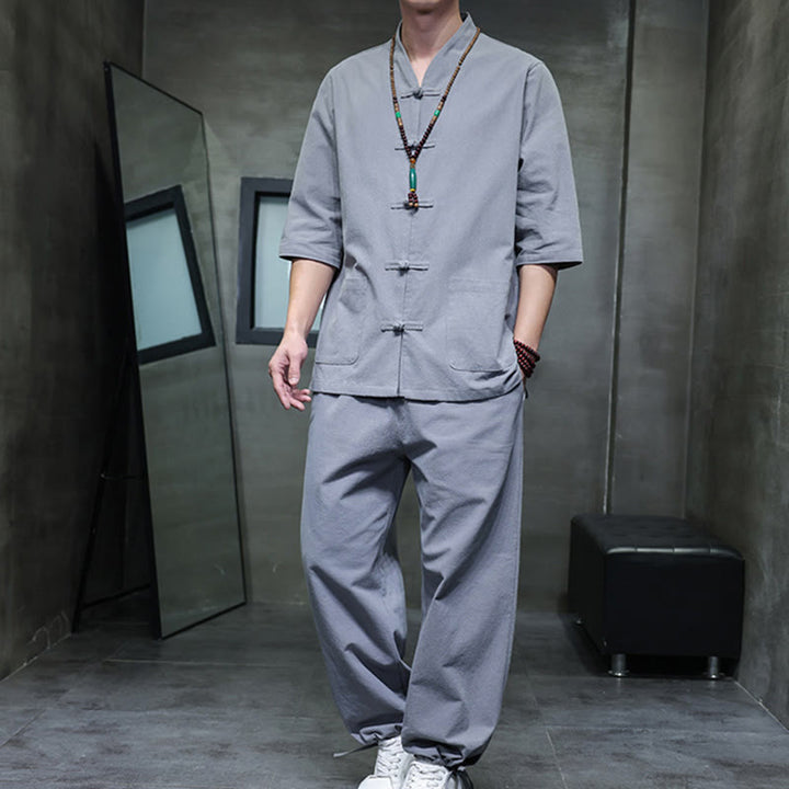 Set di 2 pezzi di tuta da uomo in cotone e lino con bottoni a rana, camicia e pantaloni con tasche, per meditazione, Buddha Stones - Grigio - US/UK/AU46, EU56 (5XL) - image 29