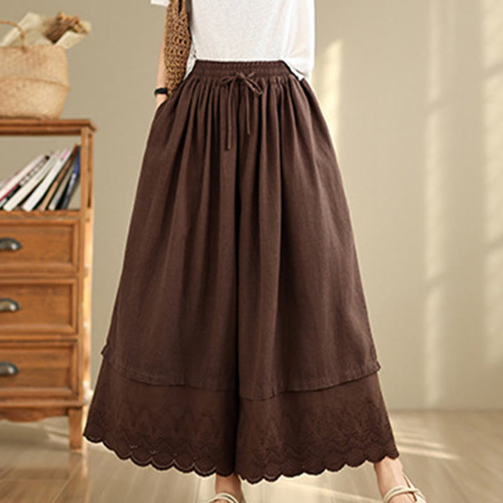 Pantaloni da donna in cotone a gamba larga con tasche, ricamo primaverile Buddha Stones, orlo in pizzo patchwork, coulisse e design - image 14