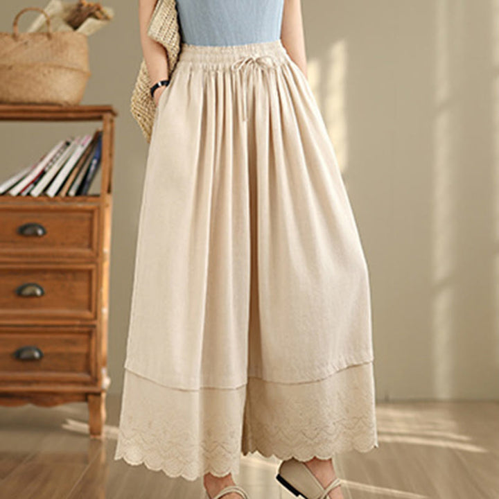 Pantaloni da donna in cotone a gamba larga con tasche, ricamo primaverile Buddha Stones, orlo in pizzo patchwork, coulisse e design - Beige - US8-10, UK/AU12-14, EU40-42 (2XL) - image 0