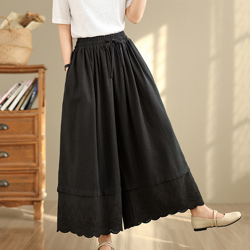 Pantaloni da donna in cotone a gamba larga con tasche, ricamo primaverile Buddha Stones, orlo in pizzo patchwork, coulisse e design - Nero - US8-10, UK/AU12-14, EU40-42 (2XL) - image 9
