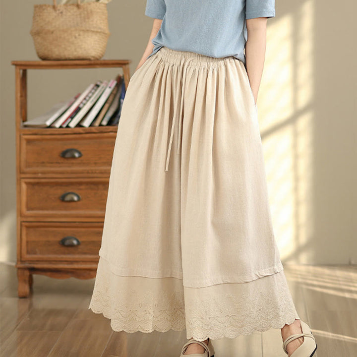 Pantaloni da donna in cotone a gamba larga con tasche, ricamo primaverile Buddha Stones, orlo in pizzo patchwork, coulisse e design - image 3