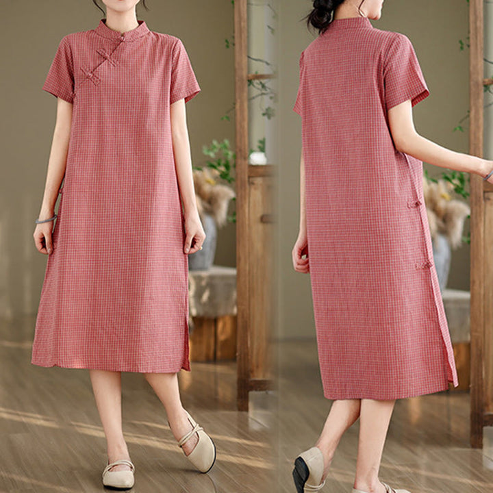 Abito midi cheongsam migliorato in cotone e lino con motivo a rana, maniche corte e bottoni a forma di Buddha Stones - image 8