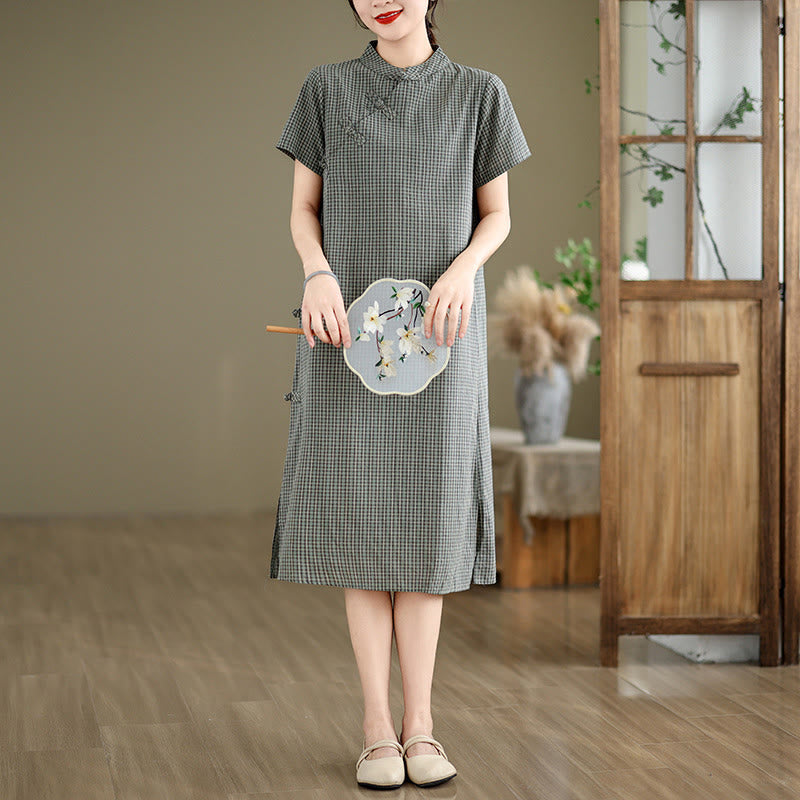Abito midi cheongsam migliorato in cotone e lino con motivo a rana, maniche corte e bottoni a forma di Buddha Stones - Grigio - US8-10, UK/AU12-14, EU40-42 (2XL) - image 9