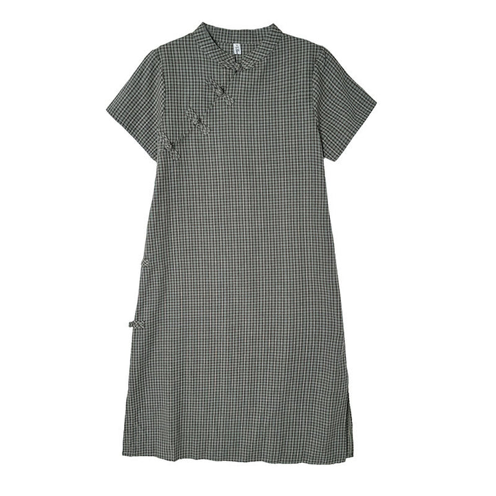 Abito midi cheongsam migliorato in cotone e lino con motivo a rana, maniche corte e bottoni a forma di Buddha Stones - image 14