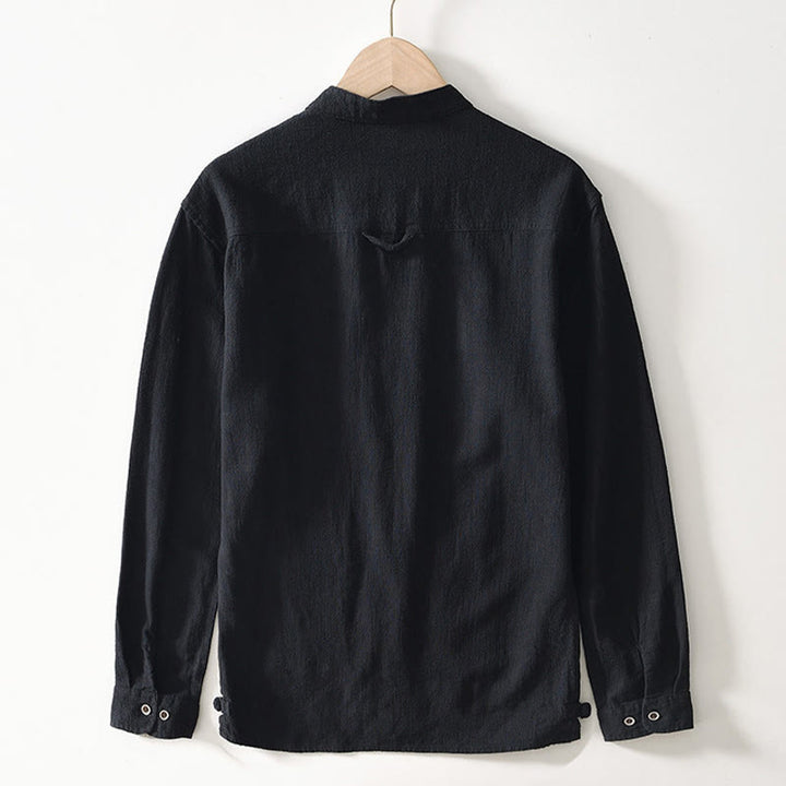 Camicia da uomo in cotone e lino a maniche lunghe con bottoni e tasche, tinta unita, motivo Buddha Stones - image 8