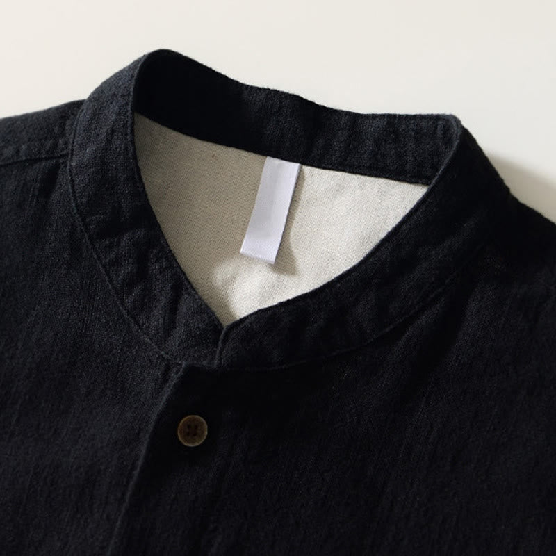 Camicia da uomo in cotone e lino a maniche lunghe con bottoni e tasche, tinta unita, motivo Buddha Stones - image 9