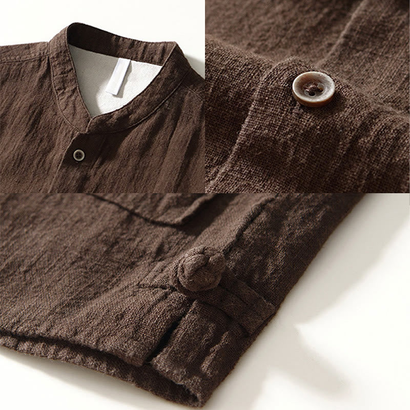 Camicia da uomo in cotone e lino a maniche lunghe con bottoni e tasche, tinta unita, motivo Buddha Stones - image 6