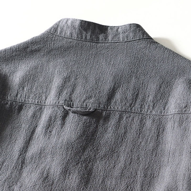 Camicia da uomo in cotone e lino a maniche lunghe con bottoni e tasche, tinta unita, motivo Buddha Stones - image 18