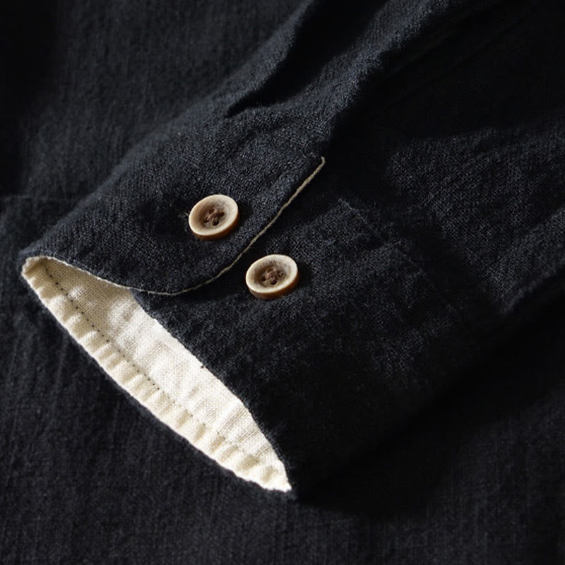 Camicia da uomo in cotone e lino a maniche lunghe con bottoni e tasche, tinta unita, motivo Buddha Stones - image 12