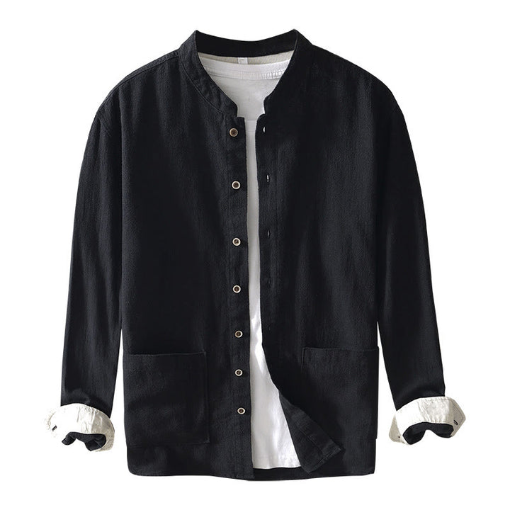 Camicia da uomo in cotone e lino a maniche lunghe con bottoni e tasche, tinta unita, motivo Buddha Stones - image 15