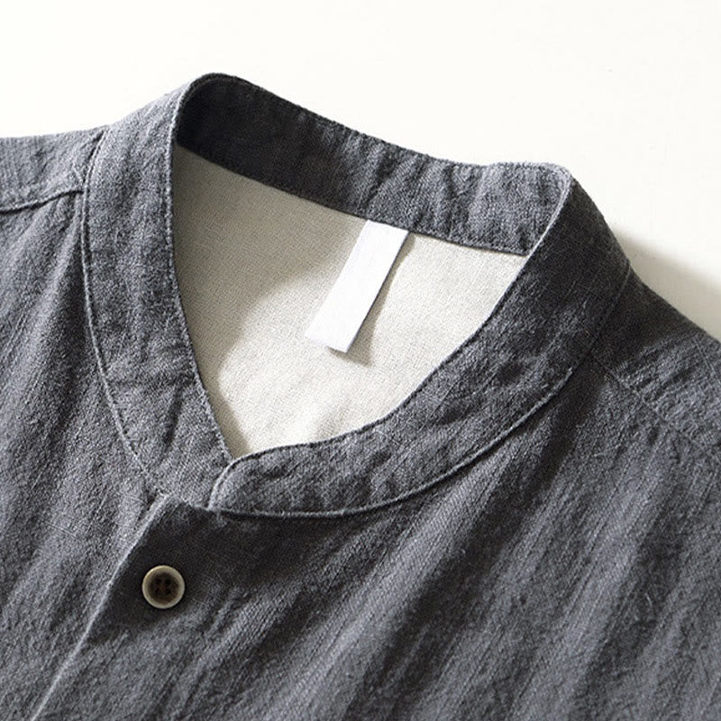 Camicia da uomo in cotone e lino a maniche lunghe con bottoni e tasche, tinta unita, motivo Buddha Stones - image 17