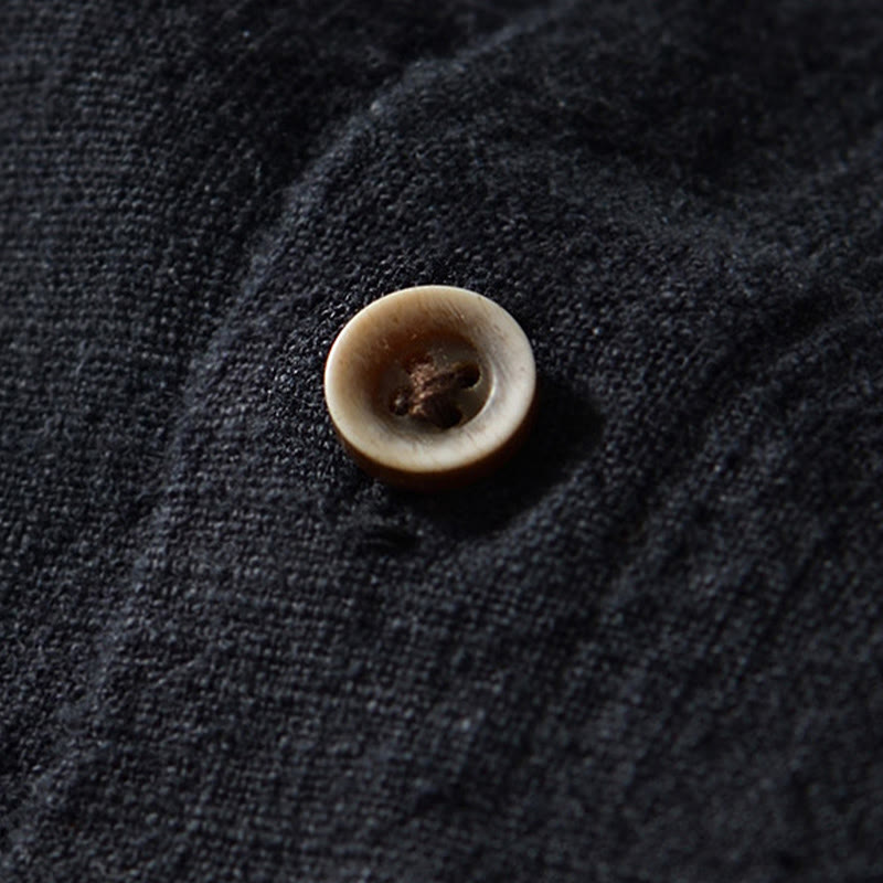 Camicia da uomo in cotone e lino a maniche lunghe con bottoni e tasche, tinta unita, motivo Buddha Stones - image 11