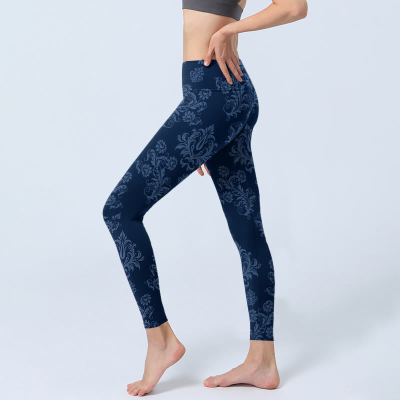 Leggings da palestra con stampa floreale e foglie blu Buddha Stones, pantaloni da yoga da donna - image 2
