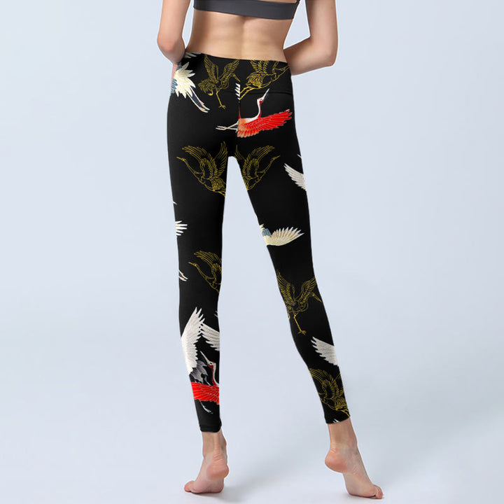 Leggings da palestra con stampa di gru , bianchi, rossi e oro, da donna, pantaloni da yoga - image 6