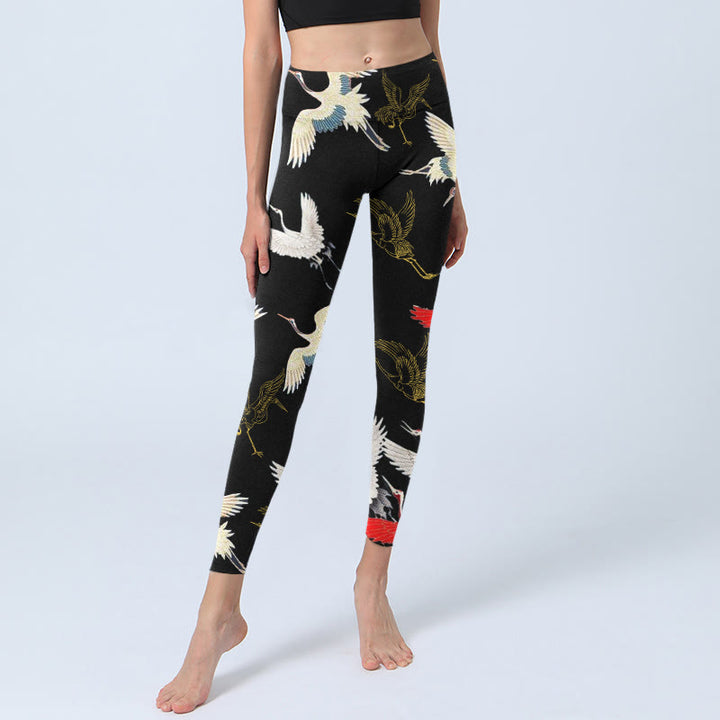 Leggings da palestra con stampa di gru , bianchi, rossi e oro, da donna, pantaloni da yoga - image 5