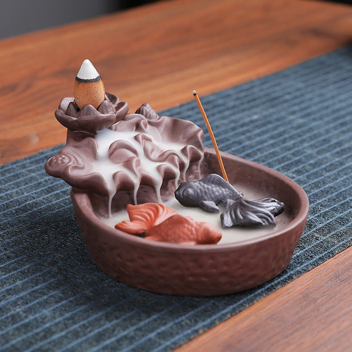 Buddha Stones , pesce koi, bue, porta incenso in ceramica viola, bruciatore di incenso curativo, decorazione - image 7