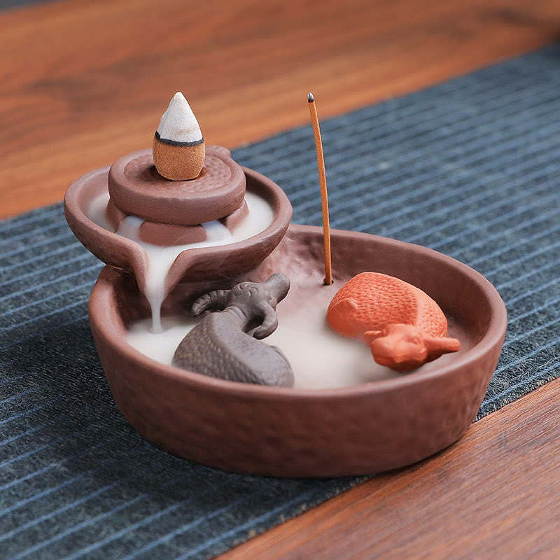 Buddha Stones , pesce koi, bue, porta incenso in ceramica viola, bruciatore di incenso curativo, decorazione - image 1