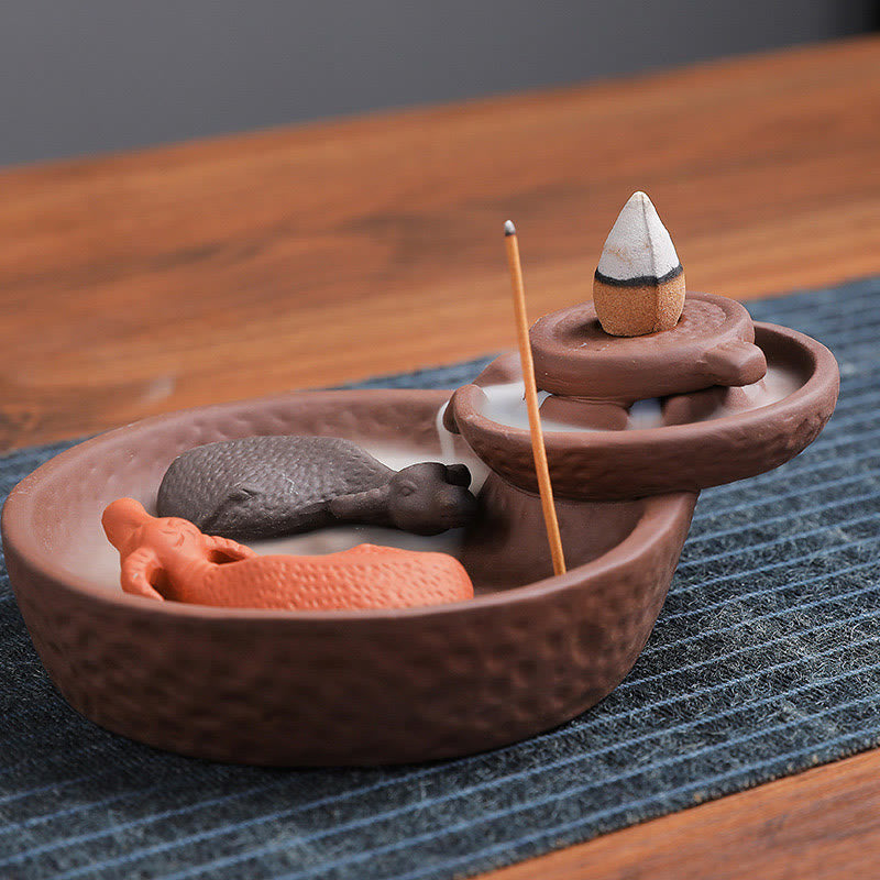 Buddha Stones , pesce koi, bue, porta incenso in ceramica viola, bruciatore di incenso curativo, decorazione - image 2