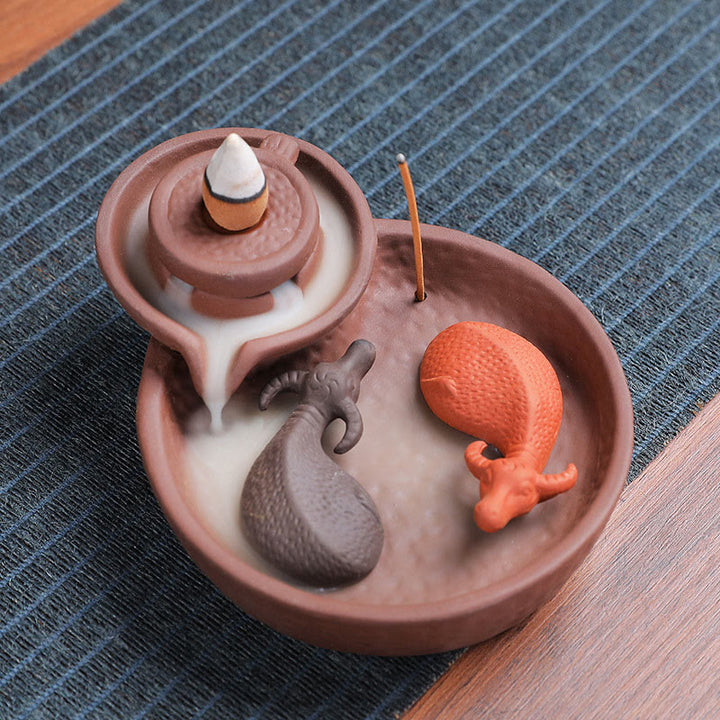 Buddha Stones , pesce koi, bue, porta incenso in ceramica viola, bruciatore di incenso curativo, decorazione - Bue 10,8*13,5*5 cm (senza incenso) - image 0