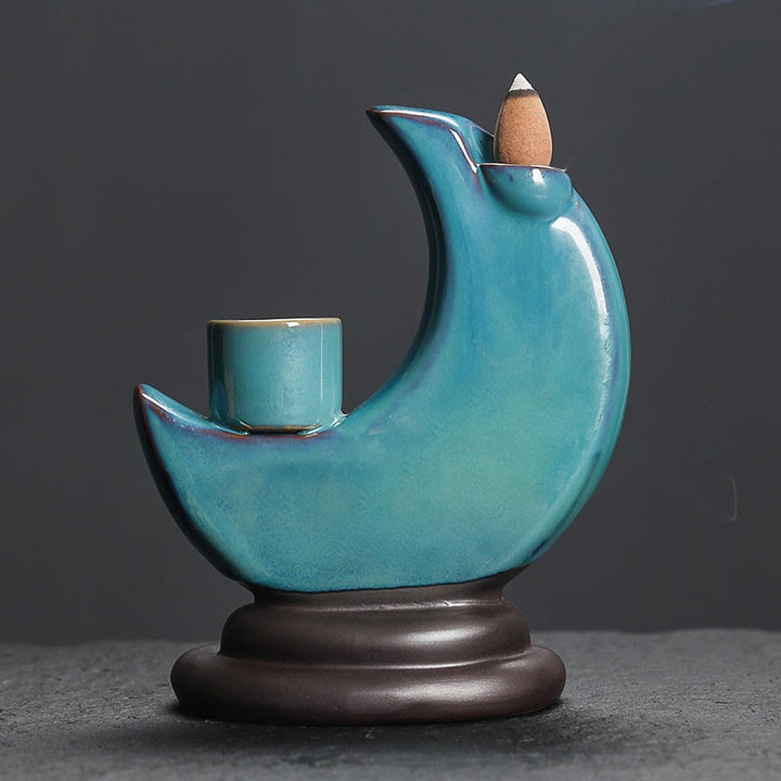 Buddha Stones, Luna crescente blu, Fontana di fumo a riflusso in ceramica, Candelabro per meditazione, Bruciatore di incenso, Decorazione - image 1