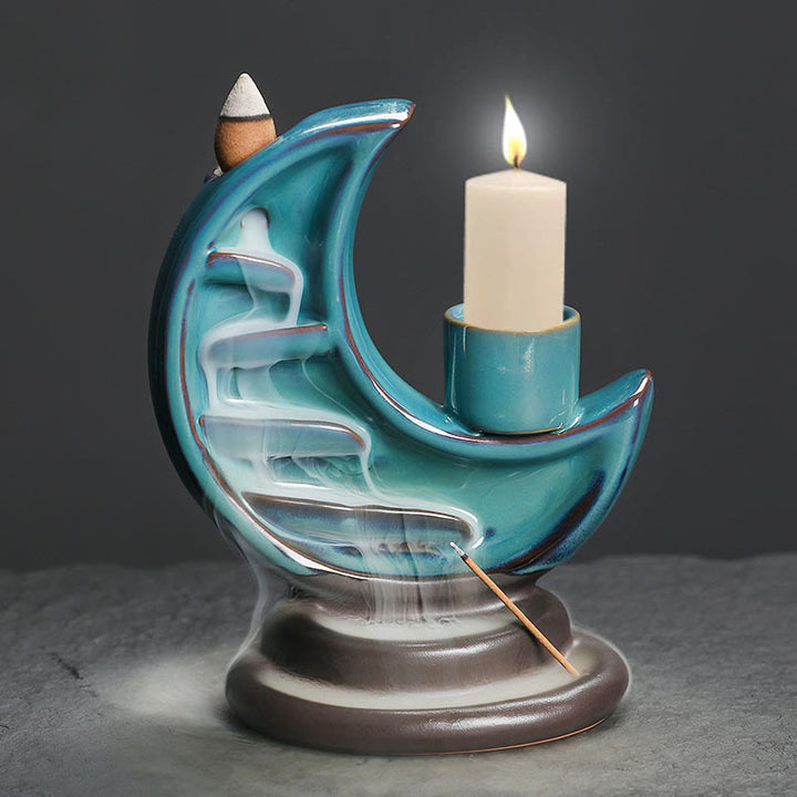 Buddha Stones, Luna crescente blu, Fontana di fumo a riflusso in ceramica, Candelabro per meditazione, Bruciatore di incenso, Decorazione - image 7