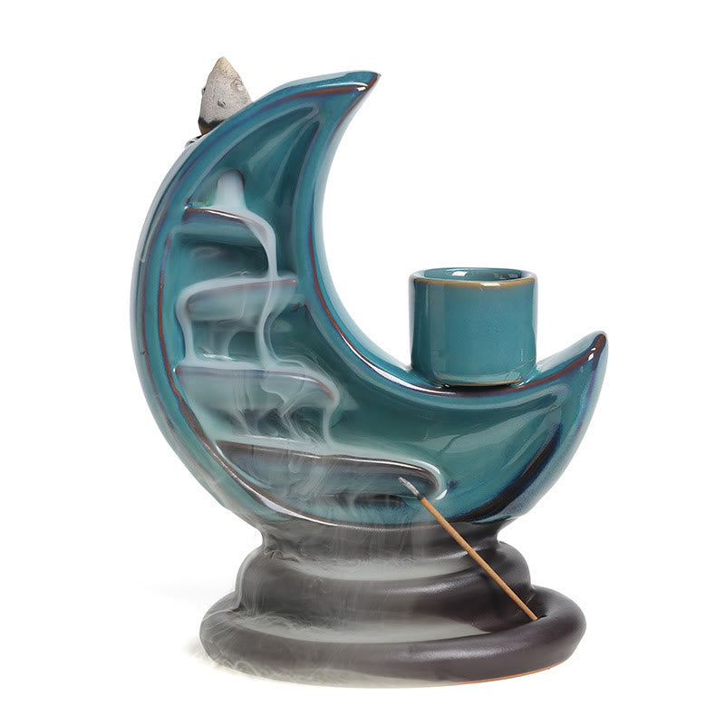 Buddha Stones, Luna crescente blu, Fontana di fumo a riflusso in ceramica, Candelabro per meditazione, Bruciatore di incenso, Decorazione - image 16