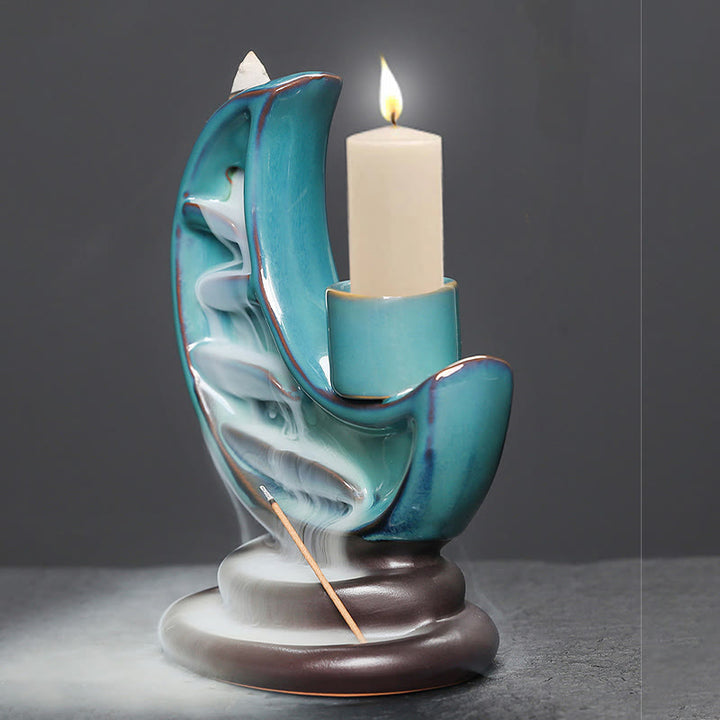 Buddha Stones, Luna crescente blu, Fontana di fumo a riflusso in ceramica, Candelabro per meditazione, Bruciatore di incenso, Decorazione - image 4