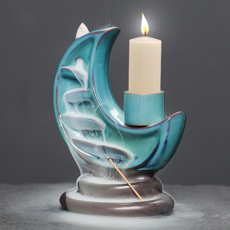 Buddha Stones, Luna crescente blu, Fontana di fumo a riflusso in ceramica, Candelabro per meditazione, Bruciatore di incenso, Decorazione - image 6
