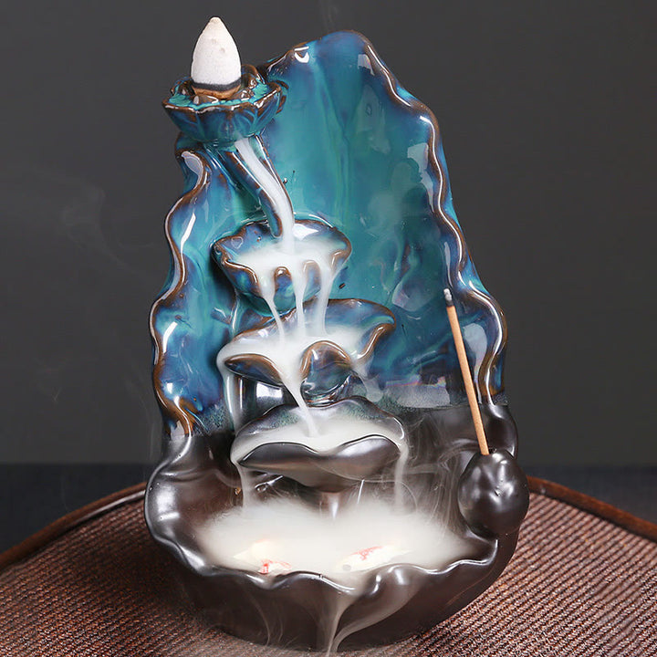 Bruciatore di incenso spirituale con fontana di fumo a riflusso in ceramica, foglia di loto blu, Buddha Stones, decorazione - image 5