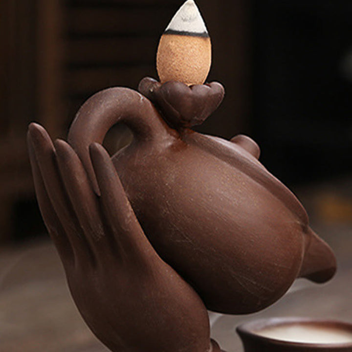 Buddha Stones, mano di Buddha che tiene teiera, tazza, fontana di fumo a riflusso in ceramica, bruciatore di incenso curativo, decorazione - image 15